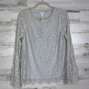 Adrienne Vitaddini womens medium light gray lace boho blouse new lined fringe